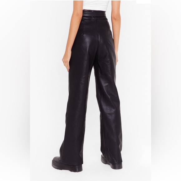 NASTY GAL NWT Black Faux Leather High Waisted Pants with Unique Belt Detail - Picture 2 of 7